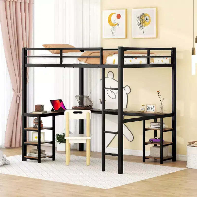 Bellemave Full Metal Loft Bed with L-Shaped Desk & Shelves, Space-Saving Loft Bed Frame with Ladder & Full Guardrails for Bedroom, Black/Vintage Wood