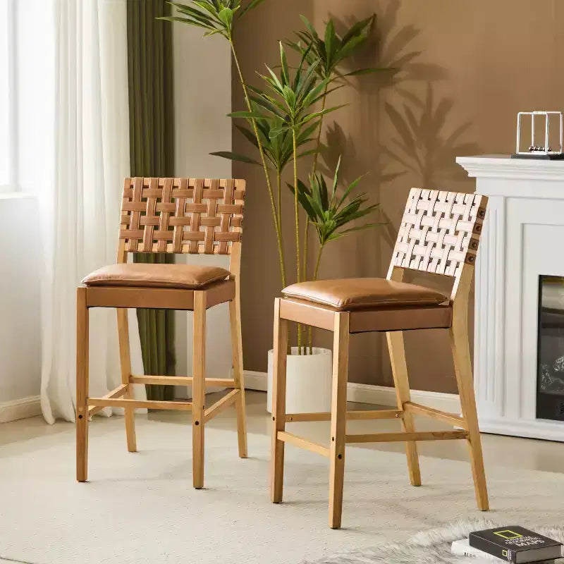 ModernLuxe Rubberwood Barstool, 2 pcs PU Upholstered Dining Chairs with Footrest, Natural Finished Frame with Brown Upholstery