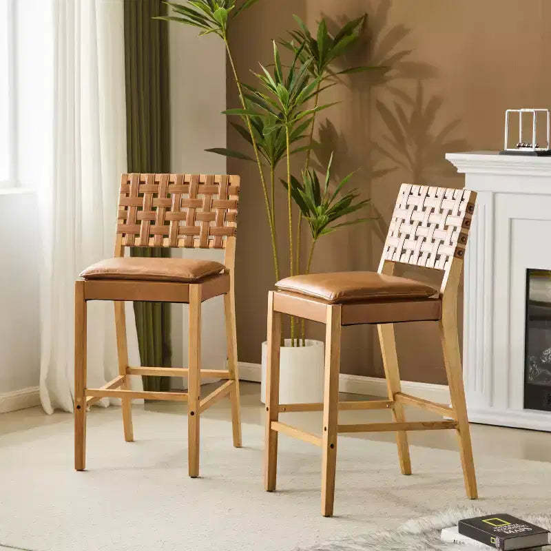 ModernLuxe Rubberwood Barstool, 2 pcs PU Upholstered Dining Chairs with Footrest, Natural Finished Frame with Brown Upholstery