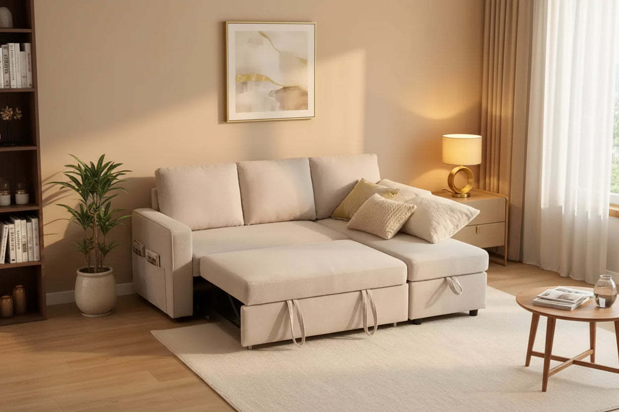 Dyonery 81 Pull Out Sofa Bed with Storage Chaise, Convertible L-Shaped Sectional Couch with USB Charging Ports