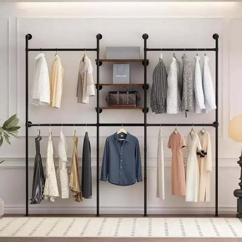 Industrial Pipe Clothing Racks with 3 Shelves, Black Wall Mounted Clothes Rack, Heavy Duty Garment Rack Closet Wardrobe Rack for Walk In Closet