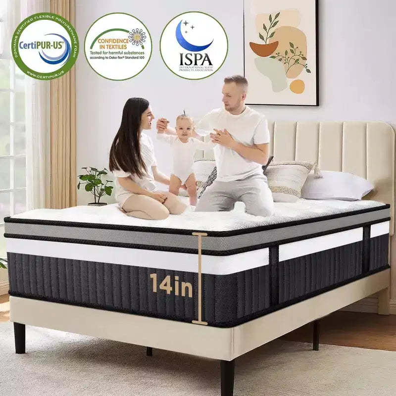 14 Inch Queen Mattress in a Box, Cooling Gel Memory Foam with Pocket Springs, Medium Firm, Pressure Relief, Motion Isolation, CertiPUR-US Certified