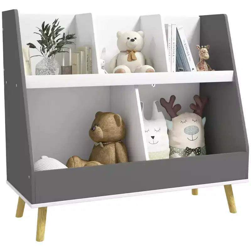 Kids Bookcase Toy Shelf, 2 Tier Toddlers Toy Storage Shelf with 5 Compartments, Anti-tip Device, Pine Wood Legs for Nursery, Playroom, Classroom, Gray