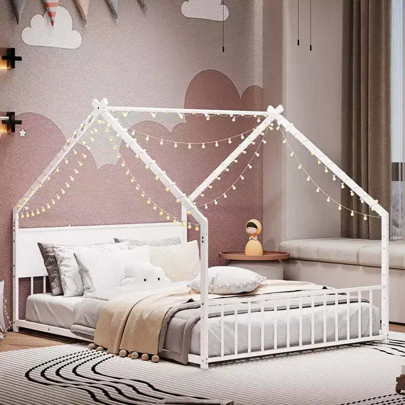 Bellemave Full Size Kids House Bed with Roof & LED Lights, Metal Frame with Slats, Low Floor Bed for Boys & Girls, Cozy Fun & Safe Sleep, White