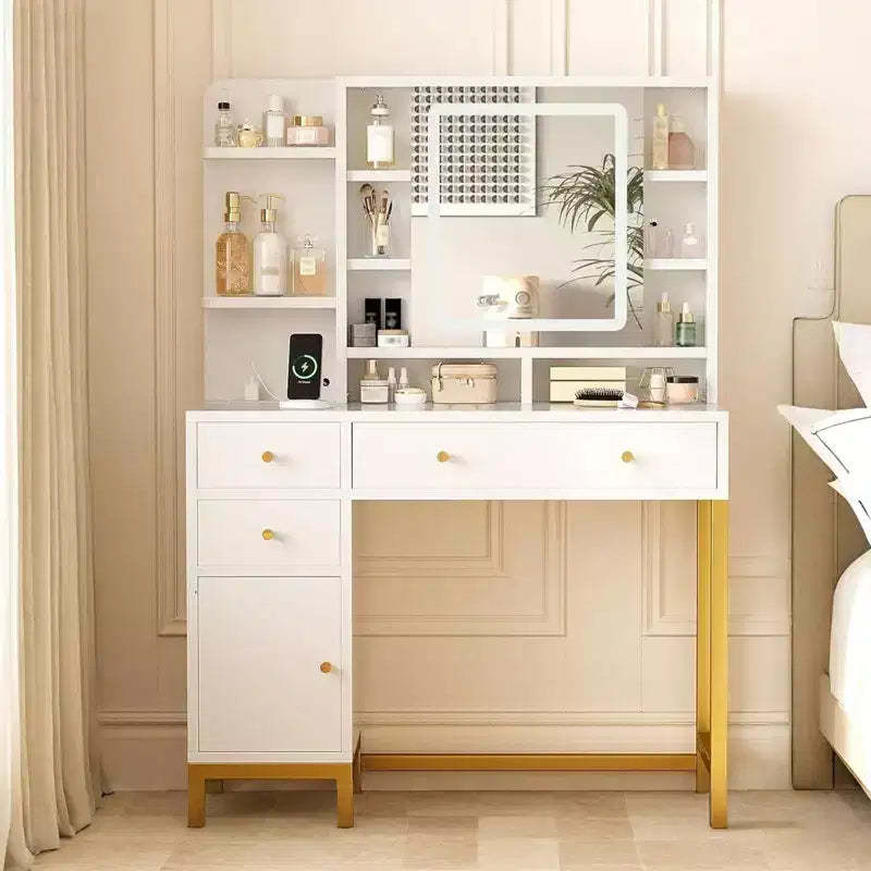 Modern Makeup Vanity Desk with Lighted Mirror - 3 Drawers & Storage Cabinet & Power Outlet - Dressing Table for Bedroom