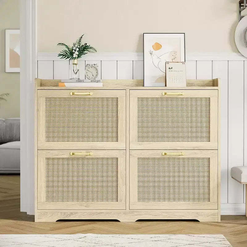 Rattan Shoe Storage Cabinet with 4 Flip Drawers, Hidden Shoe Storage Organizer Cabinet