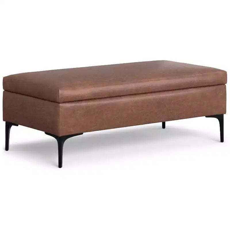 Lilah 48 inch Wide Mid Century Modern Rectangle Large Coffee Table Storage Ottoman with Lift up Lid in Distressed Saddle Brown Faux Leather
