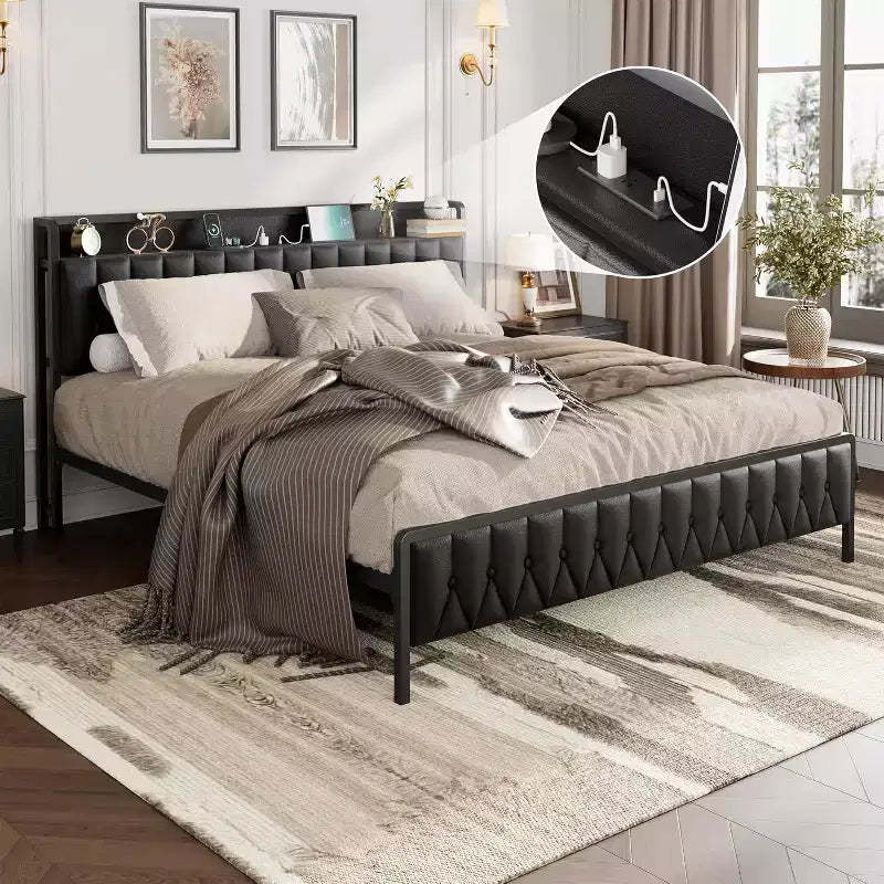 King Bed Frame with Charging Station, All-Metal Platform Bed Frame with Headboard & Footboard, Noise-Free, No Box Spring Needed, Easy Assembly, Black