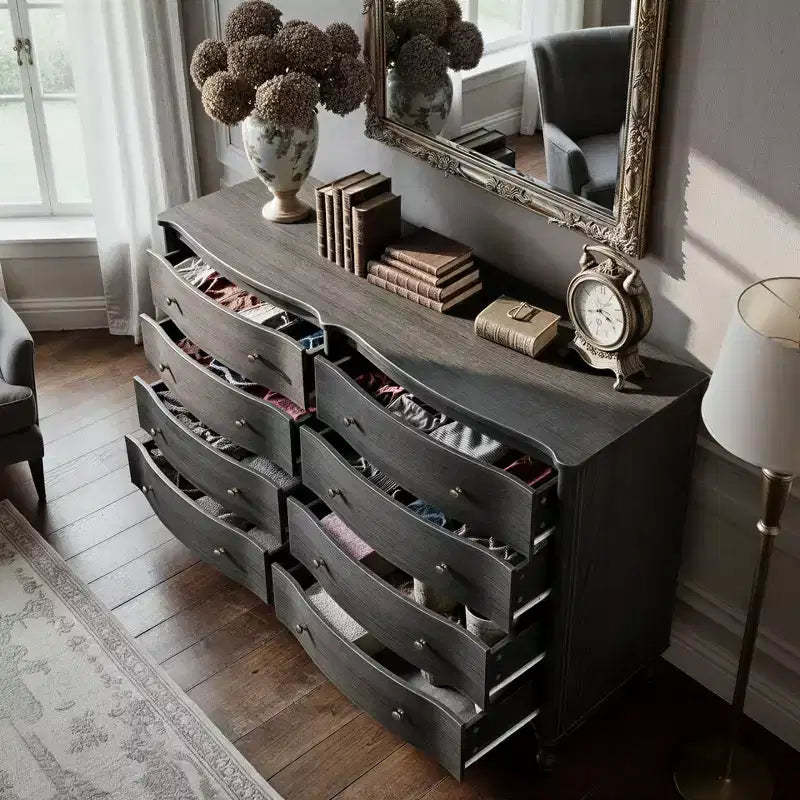 Homsee Black/Light Oak Curved-Front Vintage Dresser with 8 Drawers Luxury Bedroom Storage Dresser with Bronze Knobs Dressing Vanity Table