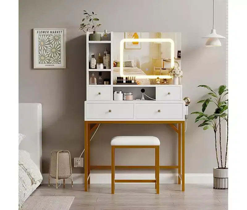 Vanity Desk with Mirror, Makeup Vanity TableModern Dressing Table and Stool with Charging Station, 4 Drawers and 2 Open Shelves