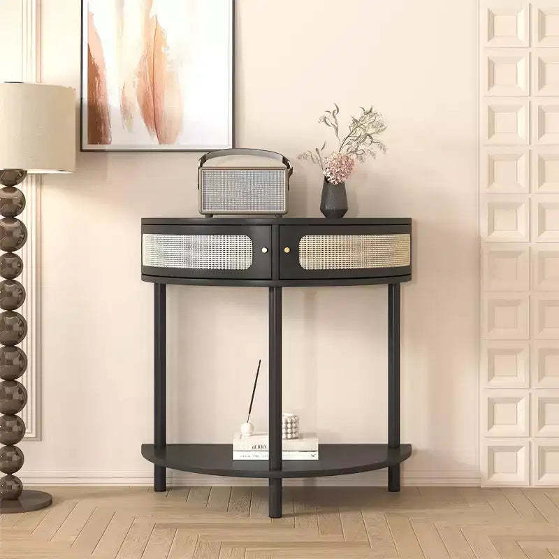 Half Moon End Table with Sliding Rattan Door, Semi-circle Entryway Console Table with Bottom Shelf for Living room Bedroom Study Hallway, Black