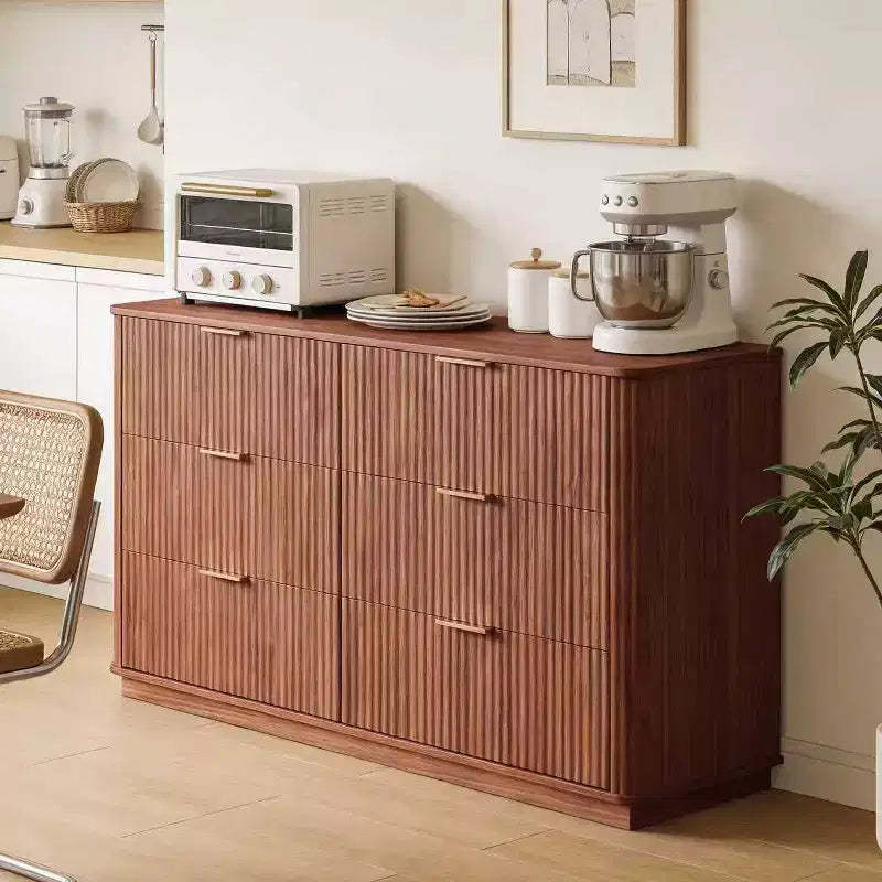 JVNOXK 6 Drawer Dressing Table, 55-inch Wide Modern Wave Curve Design, Dual-Function TV Cabinet&Dressing Cabinet, Wooden Storage Cabinet,Walnut