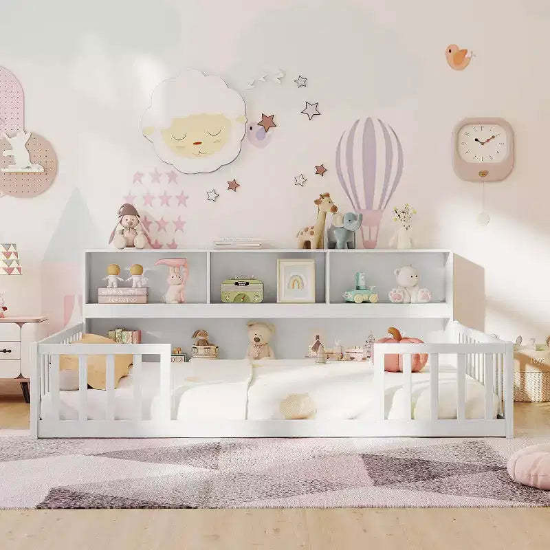 Twin Floor Bed with Bedside Bookcase,Shelves,Guardrails,White