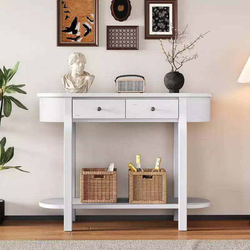 Curved Console Table 40-Inch Retro Farmhouse Wood Entry Sofa Table with Storage Shelf & Drawer for Living Room Hallway, Antique White