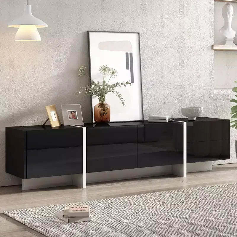 TUYOHW Modern TV Stand with High Gloss UV Surface for TVs up to 80 Inches,Entertainment Center with 3 Cabinets and 2 Drawers,Black