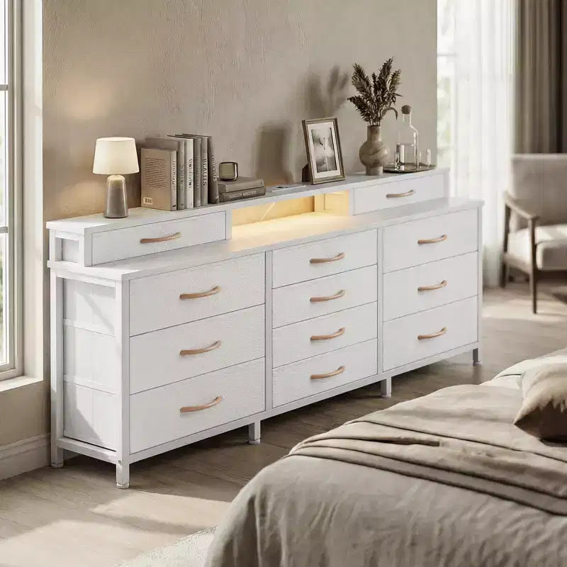 White 12 Drawer Dresser for Bedroom with LED Lights and Power Outlets 55 inch Wide Fabric Storage Chest with 2 Shelves Wood Top Large Media Center
