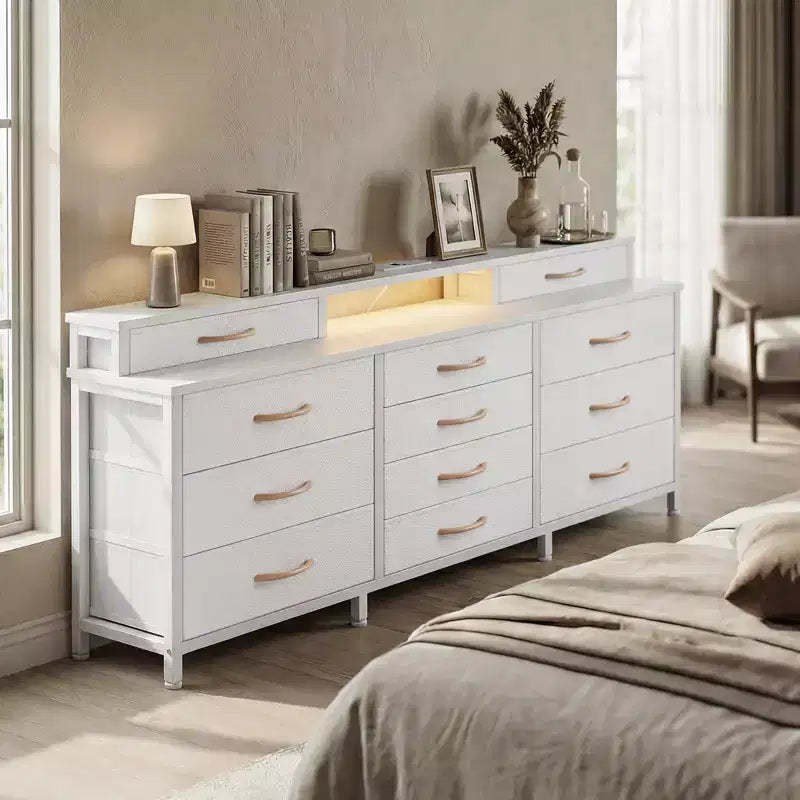 White 12 Drawer Dresser for Bedroom with LED Lights and Power Outlets 55 inch Wide Fabric Storage Chest with 2 Shelves Wood Top Large Media Center