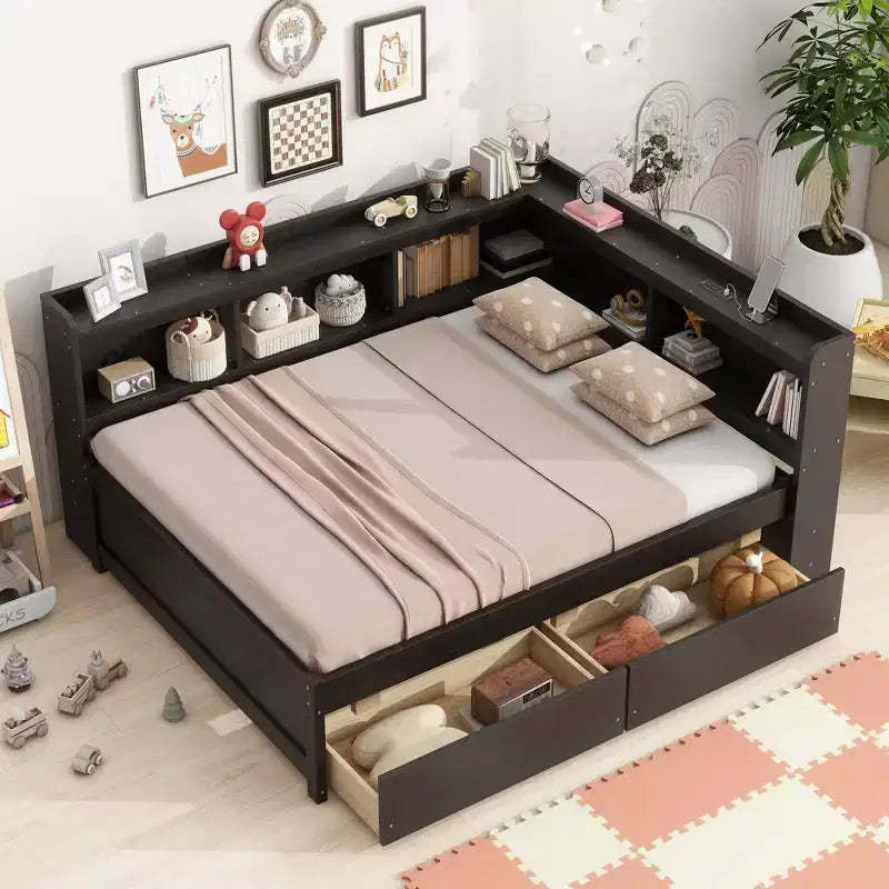Full Size L-shaped Bookcases Bed with Power Outlets, USB Charging Ports,Two Drawers,Espresso Full Size L-shaped Bookcases Bed
