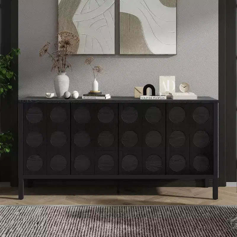 Sideboard Buffet Cabinet With Storage,Wood Coffee Bar Cabinet,Console Storage Cupboard With 4 Geometric Circular Design Doors,Buffet Cabinet Black