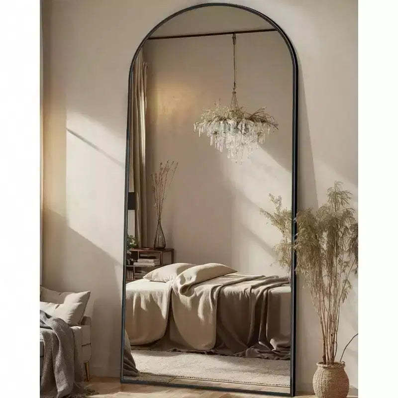 71x28 Black Arch Mirror with Stand. Full Length for Freestanding or Hanging Use in Bedroom, Living Room
