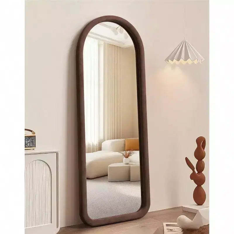 Arched Full Length Mirror with Plush Frame in Dark Brown. Freestanding, Ideal for Leaning or Hanging as Soft Decor
