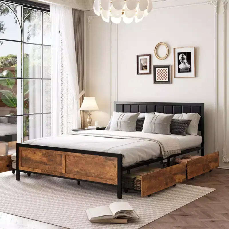Dyonery retro-style bed frame, leather soft headboard, equipped with wheeled storage drawers, anti-slip foot pads and noise reduction design