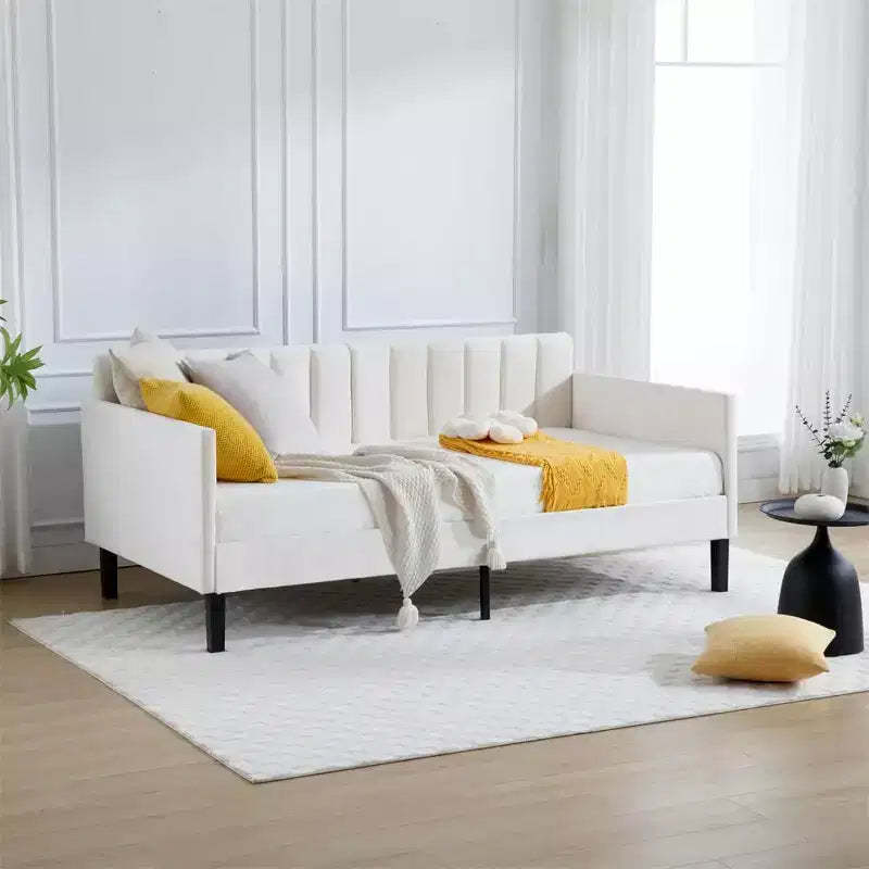 Twin Velvet Daybed with Ribbed Tufted Back, Sturdy Slat Supportwhite Upholstered Sleeper for Bedroom or Living Room, No Box Spring Needed