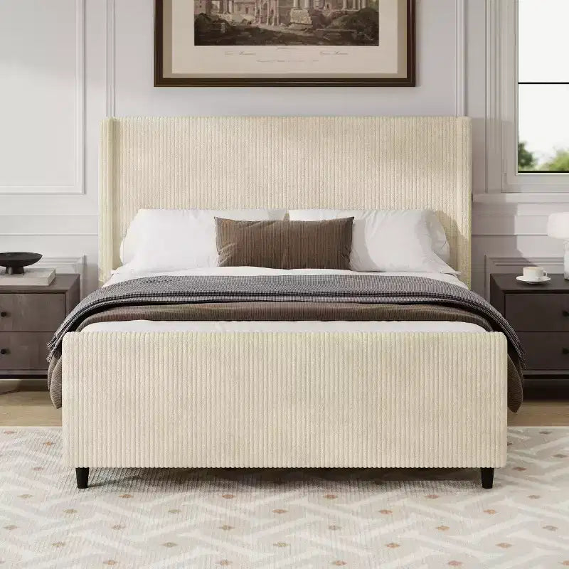GDFStudio Shelley Corduroy Upholstered Platform Bed Frame with Wingback Headboard and High Footboard