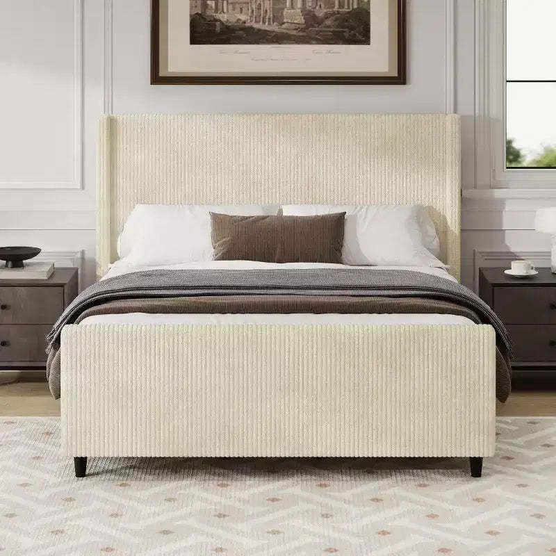 GDFStudio Shelley Corduroy Upholstered Platform Bed Frame with Wingback Headboard and High Footboard