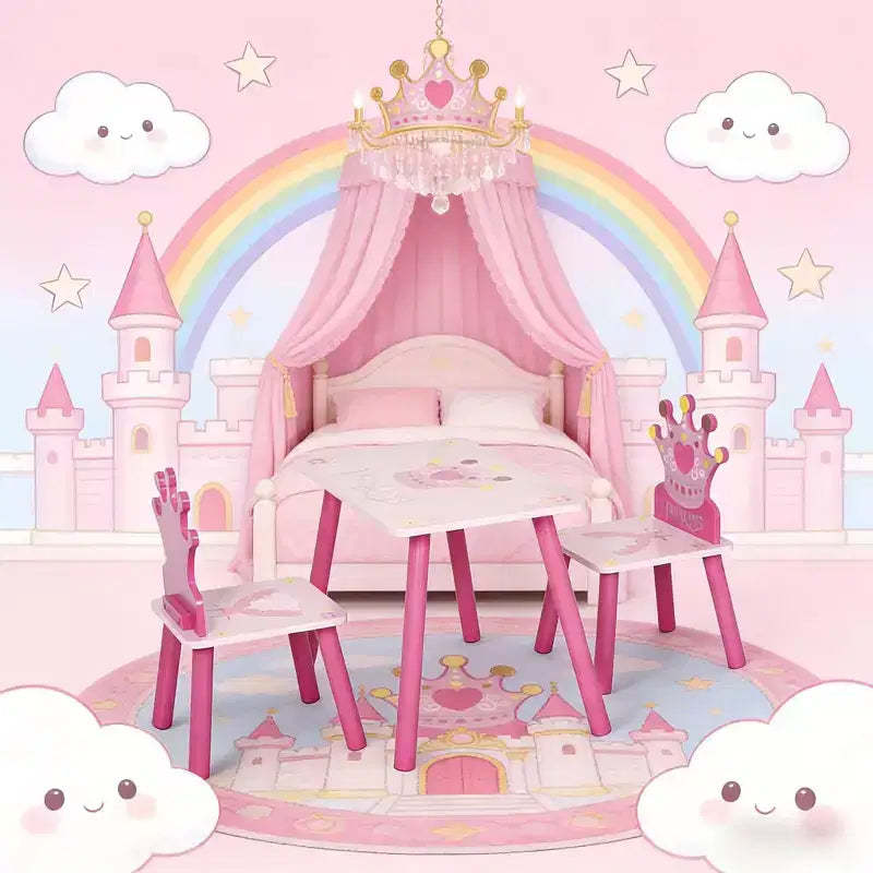 JVNOXK3-Piece Kids Wooden Table and Chair Set with Crown Pattern Gift for Girls Toddlers Arts Reading Writing Age 2-4 Years Pink