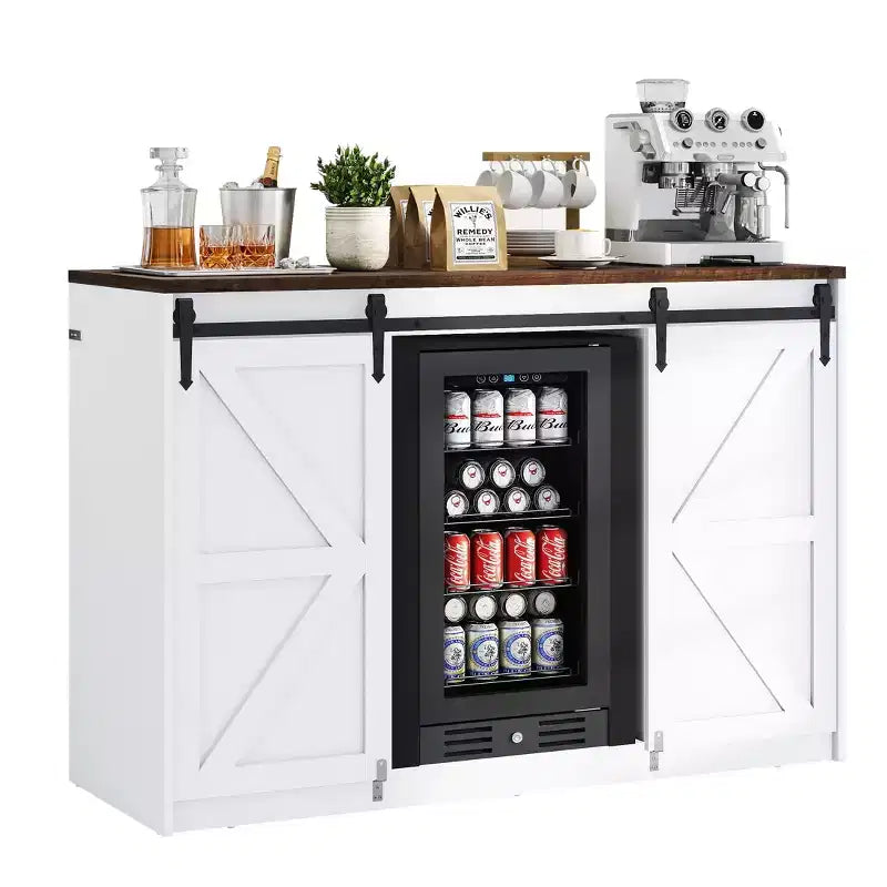 Skyzoo Mini Fridge Cabinet with Built-In Fridge Space, Farmhouse Coffee Bar Cabinet with Outlet, Mini Bar for Home