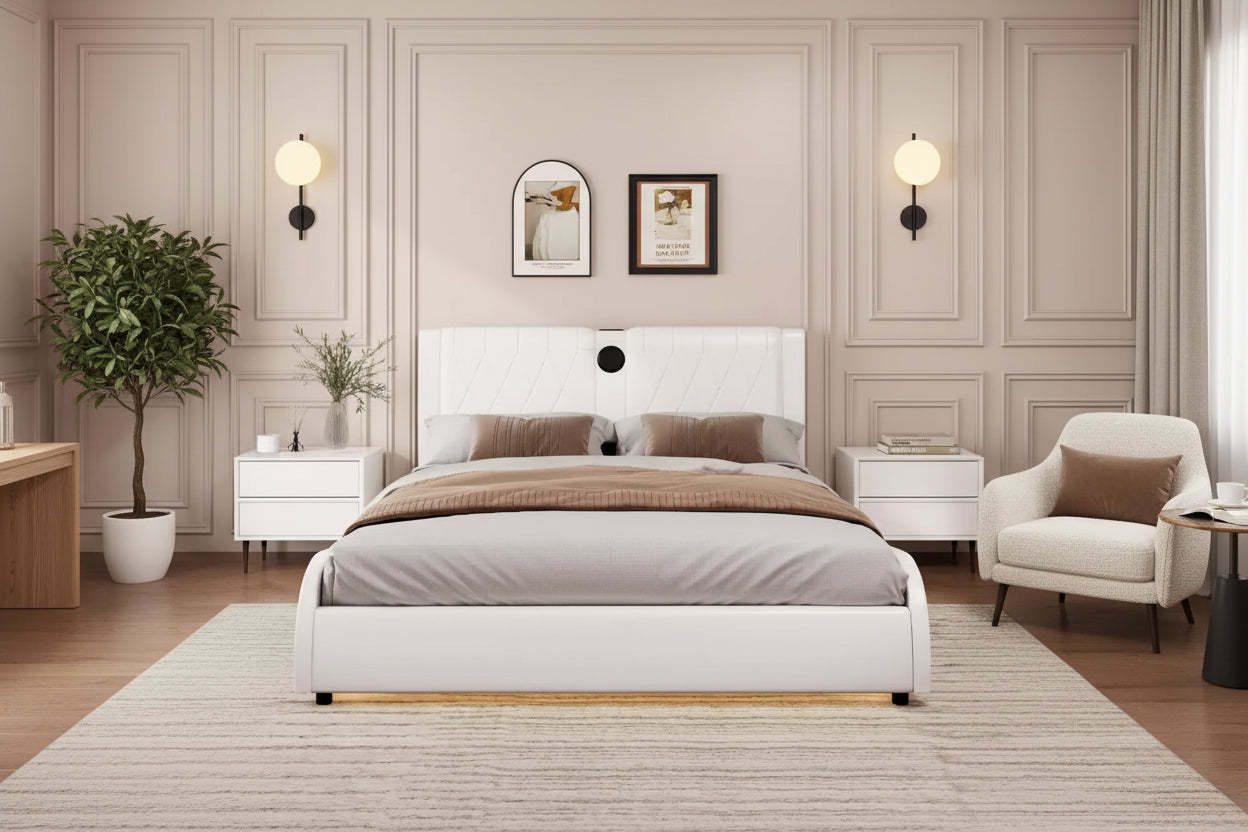 GDFStudio Ford Modern Faux Leather Upholstered Platform Bed with Integrated Bluetooth Speakers and Thickened Headboard