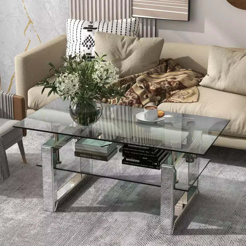TUYOHW 39.4 2-Tier Coffee Table with Transparent Tempered Glass Top,Industrial Center Table with Metal Legs,Accetn Table for Living Room