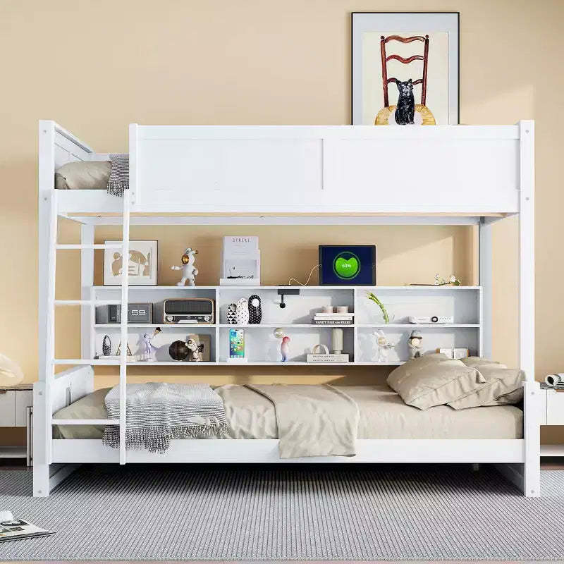 Bunk Bed with Storage Shelves, Solid Wood Bedframe with Cabinets & USB Ports for Bedroom