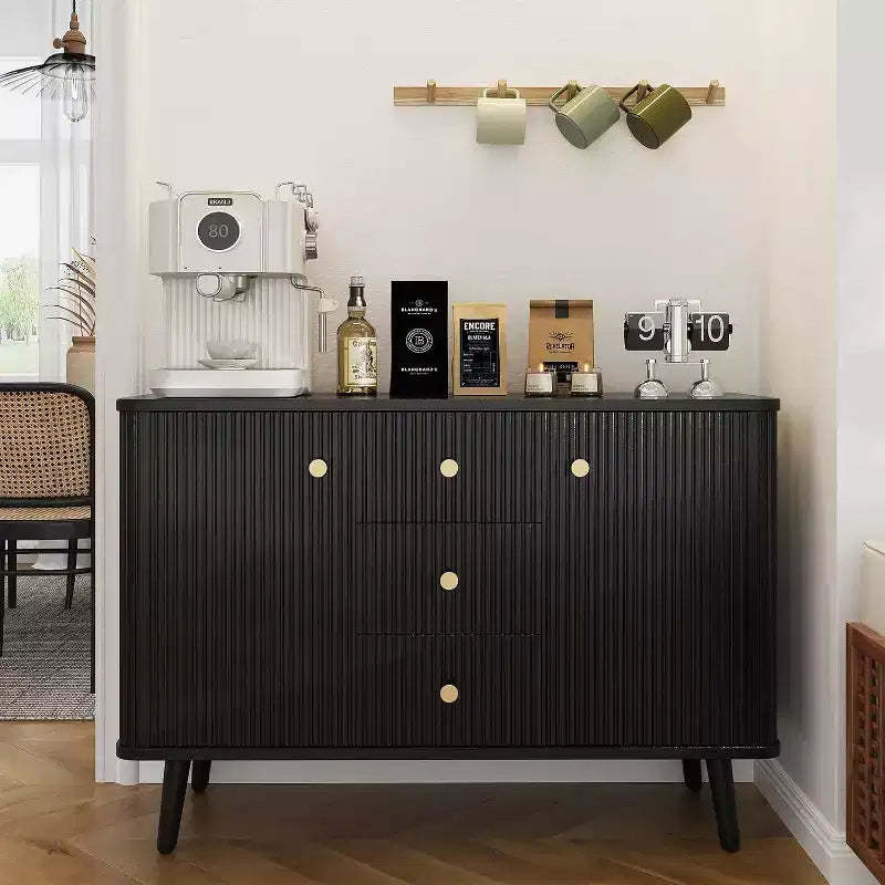 Acekool Black 47in Modern Sideboard Buffet Cabinet, Fluted Storage Cabinet with Drawers & Adjustable Shelves for Dining Room