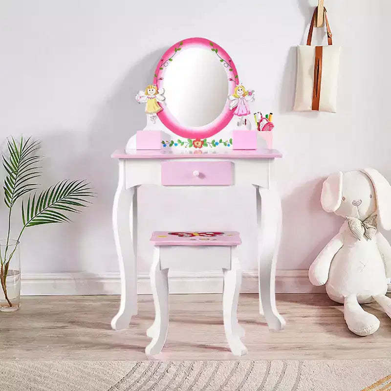 AEELLEEA Kids Vanity Set Floral Printed Wooden Makeup Dressing Princess Table with Mirror and Stool for Role Playing Pink