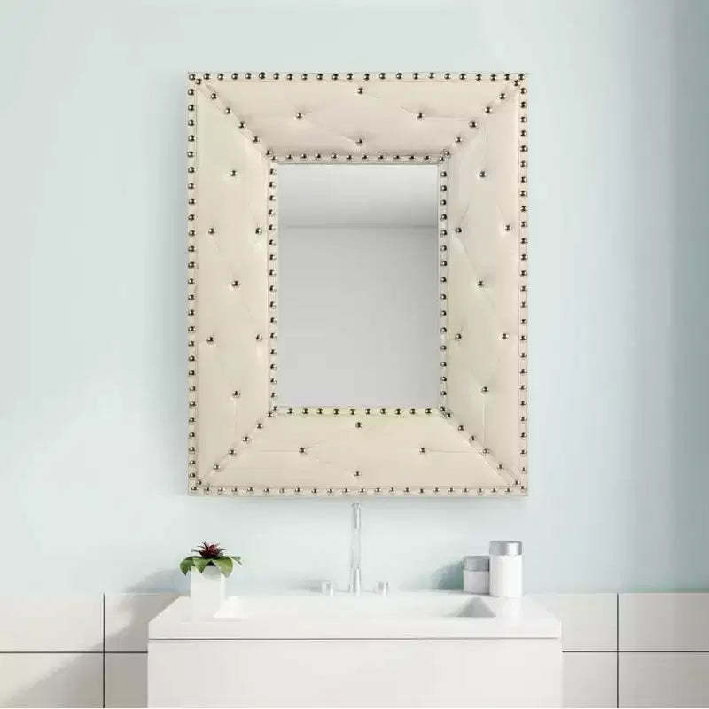 Rectangular Rivet Decor Wall Mirror, PU-Wrapped MDF Frame