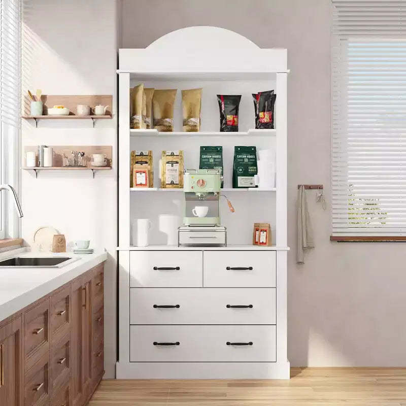 Hitow Freestanding Kitchen Pantry Cabinet Kitchen Storage Hutch with 4 Drawers/Open Shelves Organizer Cabinet for Kitchen & Coffee Bar