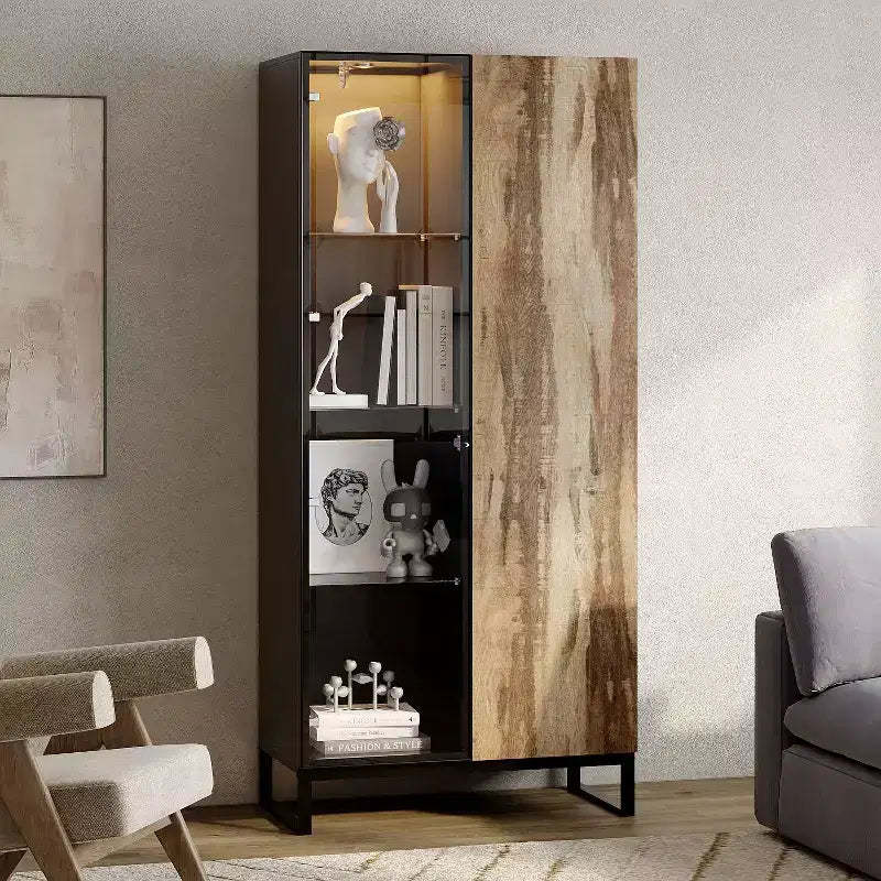 Hitow LED-Lighted Display Cabinet Bookcase Glass Wood Door Stylish Storage for Decor & Books Freestanding Cabinet