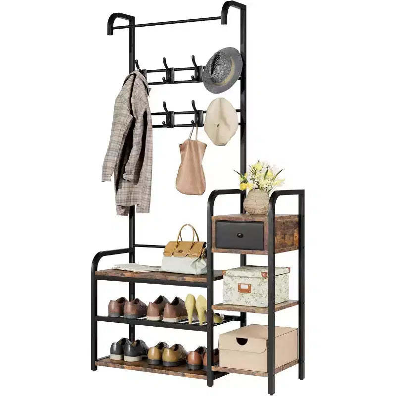 5-in-1 Hall Tree with Shoe Bench & Drawer, Entryway Coat Rack with 8 Hooks, Storage Bench & Adjustable Feet (Retro Brown)