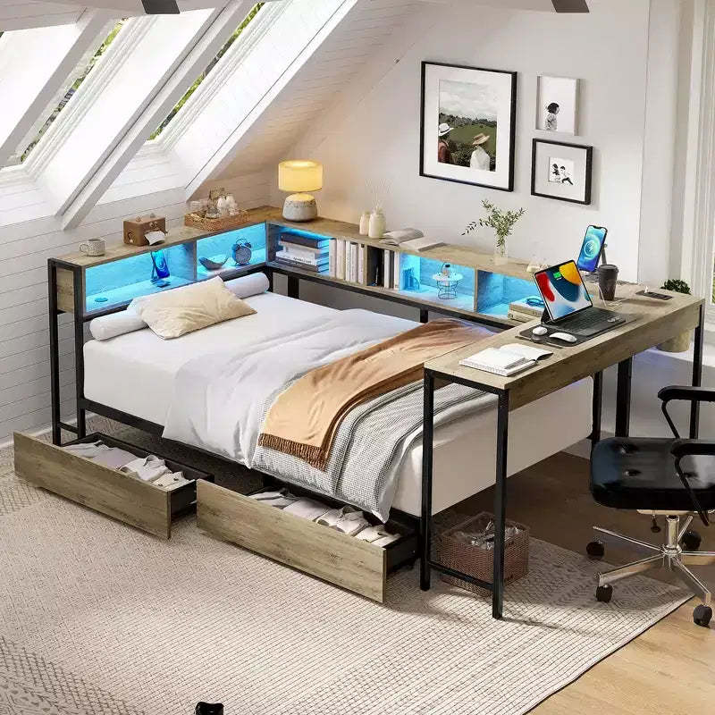 Corner Bed Frame Twin Size with Bookcase and 2 Underbed Storage Drawers, Modern Twin Bed Modern Daybed Reversible Left or Right, Grey