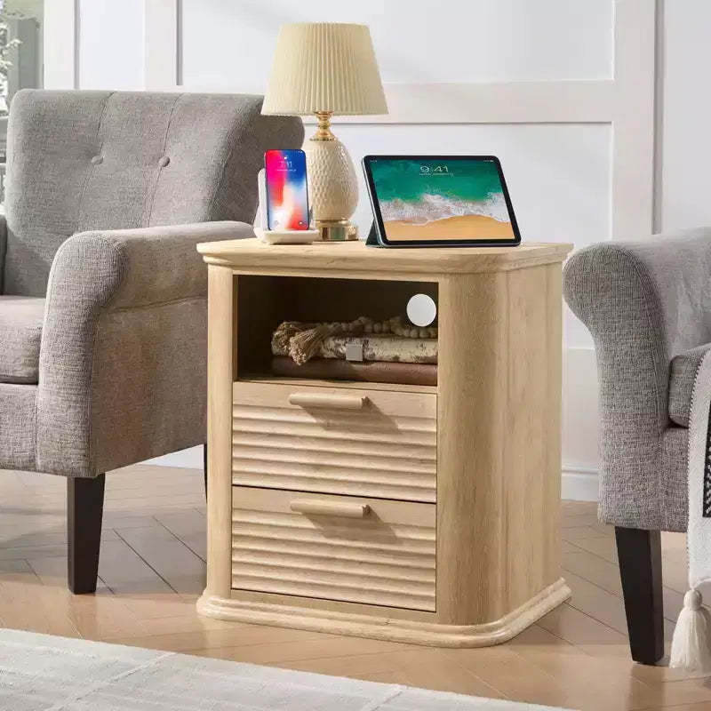 TUYOHW Fluted Nightstand with Charging Station,Modern Bedside Table with 2 Drawers & Open Self,End Table for Living Room,Bedroom,Home Office