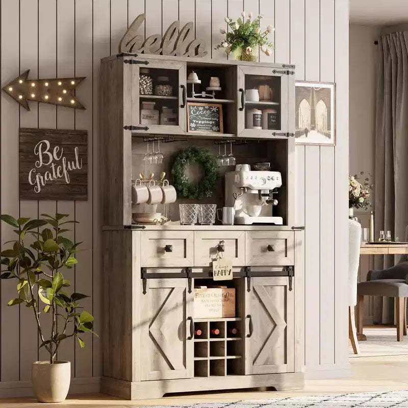 72 in Farmhouse Bar Cabinet with Sliding Barn Door, Tall Kitchen Buffet with 3 Drawer, Rustic Coffee Wine Bar Sideboard with Wine & Glasses Rack