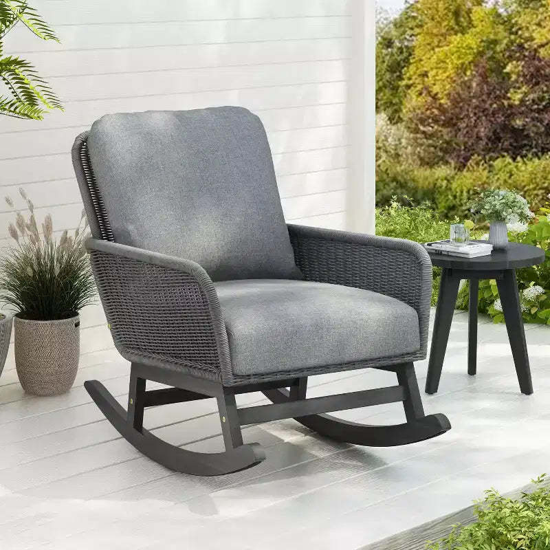 TUYOHW 15 Contemporary Rocking Chair,Set of 1/2,Patio Accent Chair with 4 Cushion,Wicker Recliner Chair for Porch,Backyard,300lbs Capacity