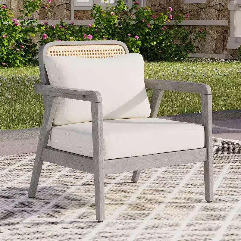 TUYOHW Boho Style Outdoor Accent Chairs Set of 1/2,Patio Acacia Conversation seat,Upholstered Club Chairs for Porch,Garden & Backyard,400lbs Capacity
