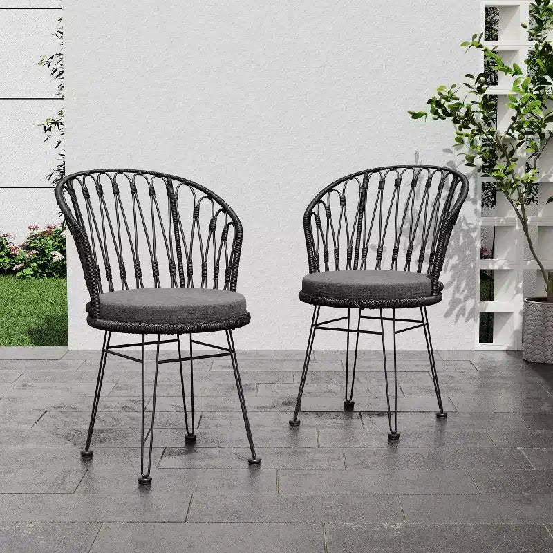 TUYOHW 17.5 Boho Style Patio Accent Chairs,Set of 2,Dining Chairs with 2 Cushions,Outdoor Lounge Chairs for Backyard,Porch & Garden,Gray
