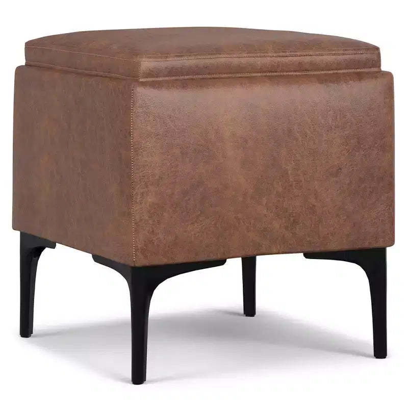 Evianna 18 inch Wide Contemporary Square Mid Century Storage Ottoman with Tray in Distressed Saddle Brown Vegan Faux Leather