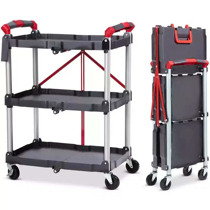 3-Tier Foldable Utility Cart with Wheels,Portable Rolling Storage Trolley,167 lbs Load Capacity,No-Assembly Organizer for Office,Home,Garage,Warehouse