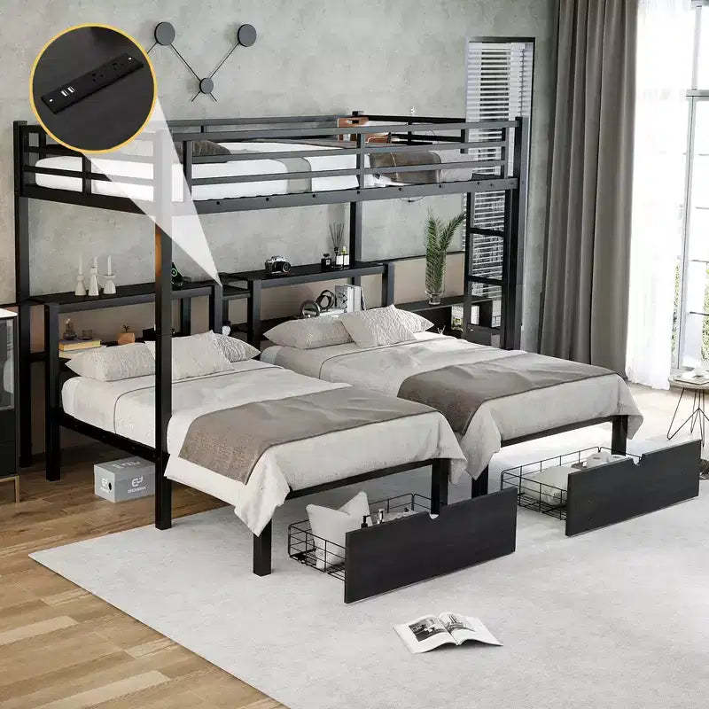 Bellemave Triple Bunk Metal Bed with Drawers, Shelving & USB, Multi-Functional Space-Saving Bunk Bed for Families, Black
