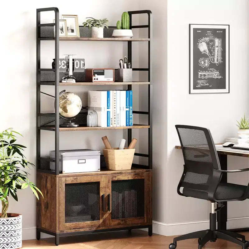 Industrial Bookshelf with Mesh Doors, 4-Tier Storage Bookcase with Open Shelves for Living Room, Bedroom, Home Office, Rustic Farmhouse Brown